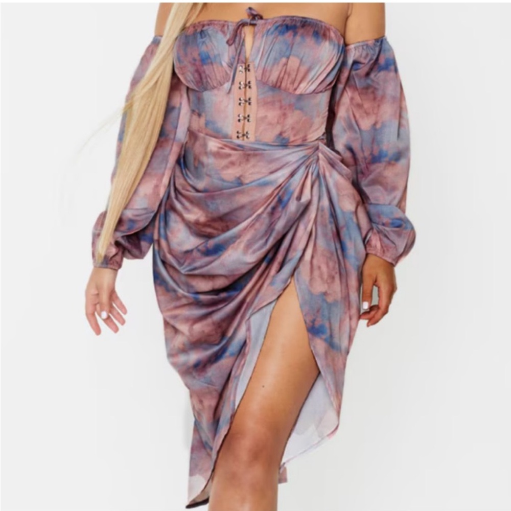 Pretty little thing Women’s Pink Tie-Dye Off-Shoulder Bodysuit and slit skirt